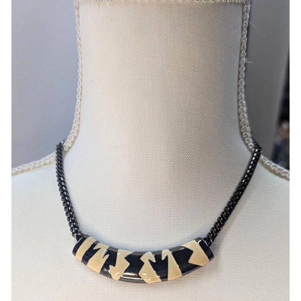 Vintage Monet Choker Necklace Black & Cream Enamel Pendant Zebra Animal Print
